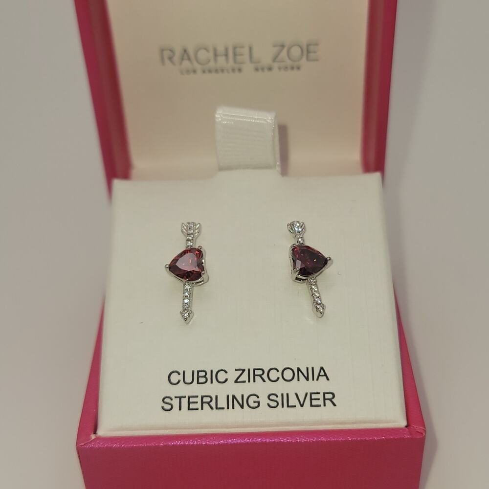 New Rachel Zoe Sterling Silver Heart & Arrow Stud Earrings w/ Ruby Red CZs
